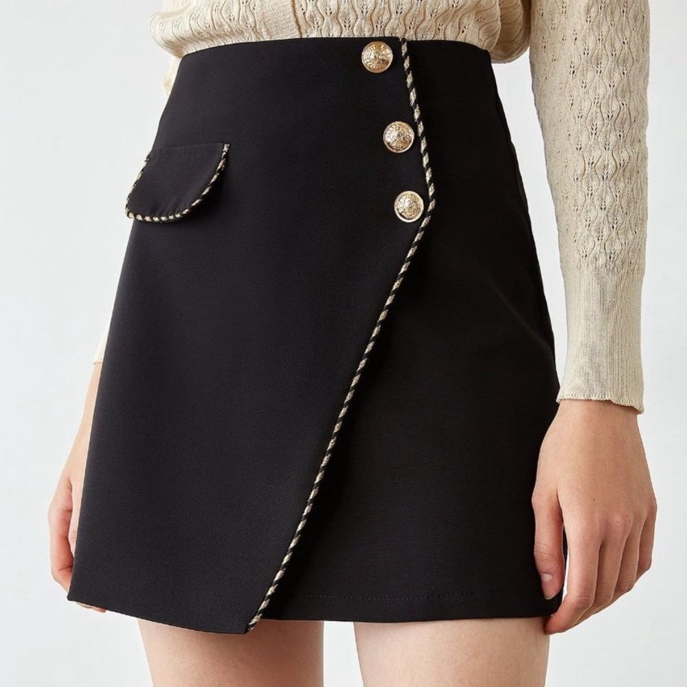 J.ing Inaya Black Asymmetrical Mini Skirt with Built-in Shorts and Gold Accents